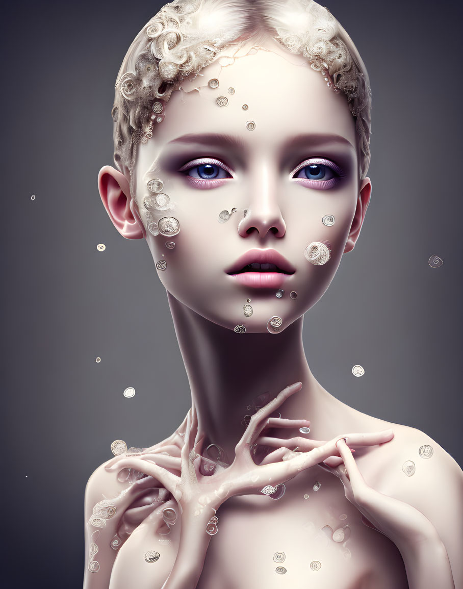 Digital artwork featuring person with porcelain complexion, bubble-like skin, purple eyes, and branch-like shoulders.