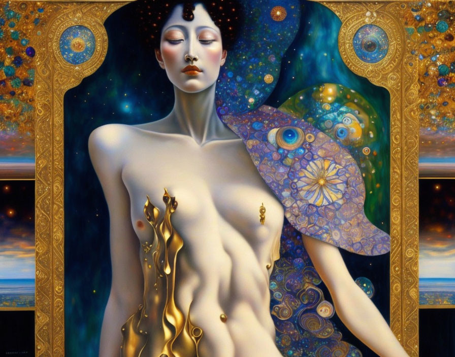 Stylized Art Nouveau painting with cosmic theme and gold accents