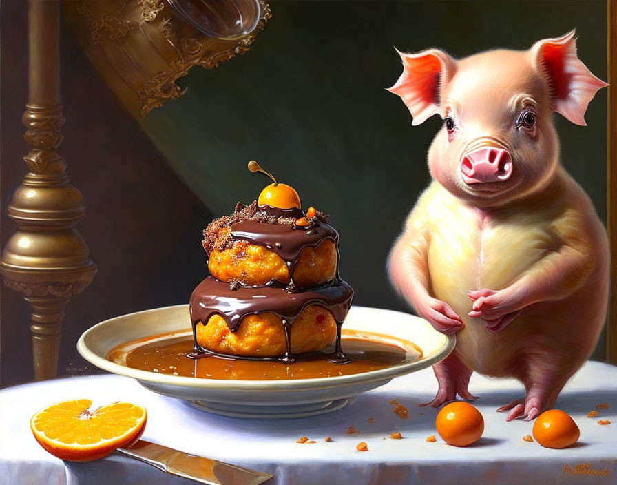 Anthropomorphic piglet with dessert plate and fruits in digital painting