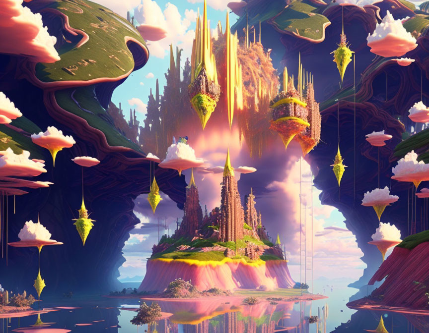 Fantastical landscape with floating islands and whimsical structures