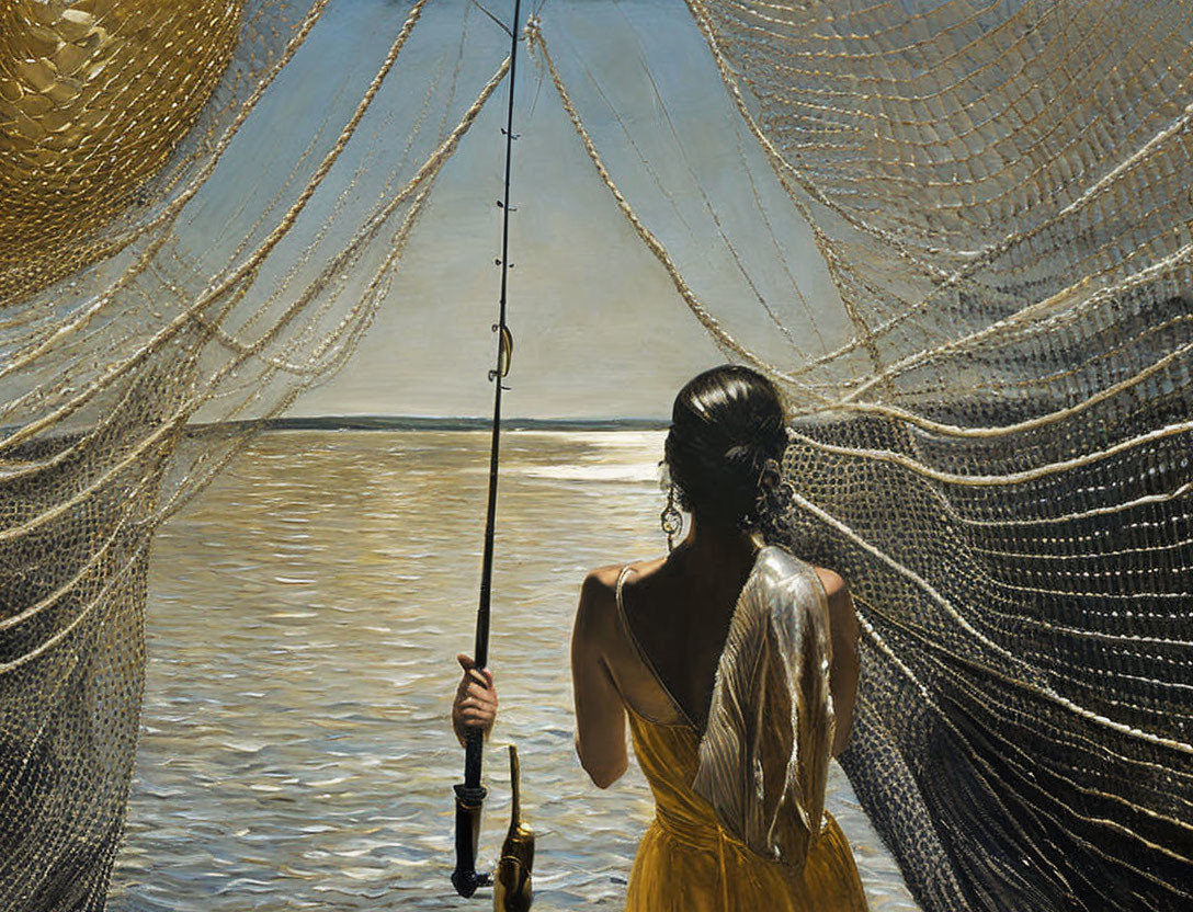 Woman in Yellow Dress Fishing by the Sea with Intricate Net