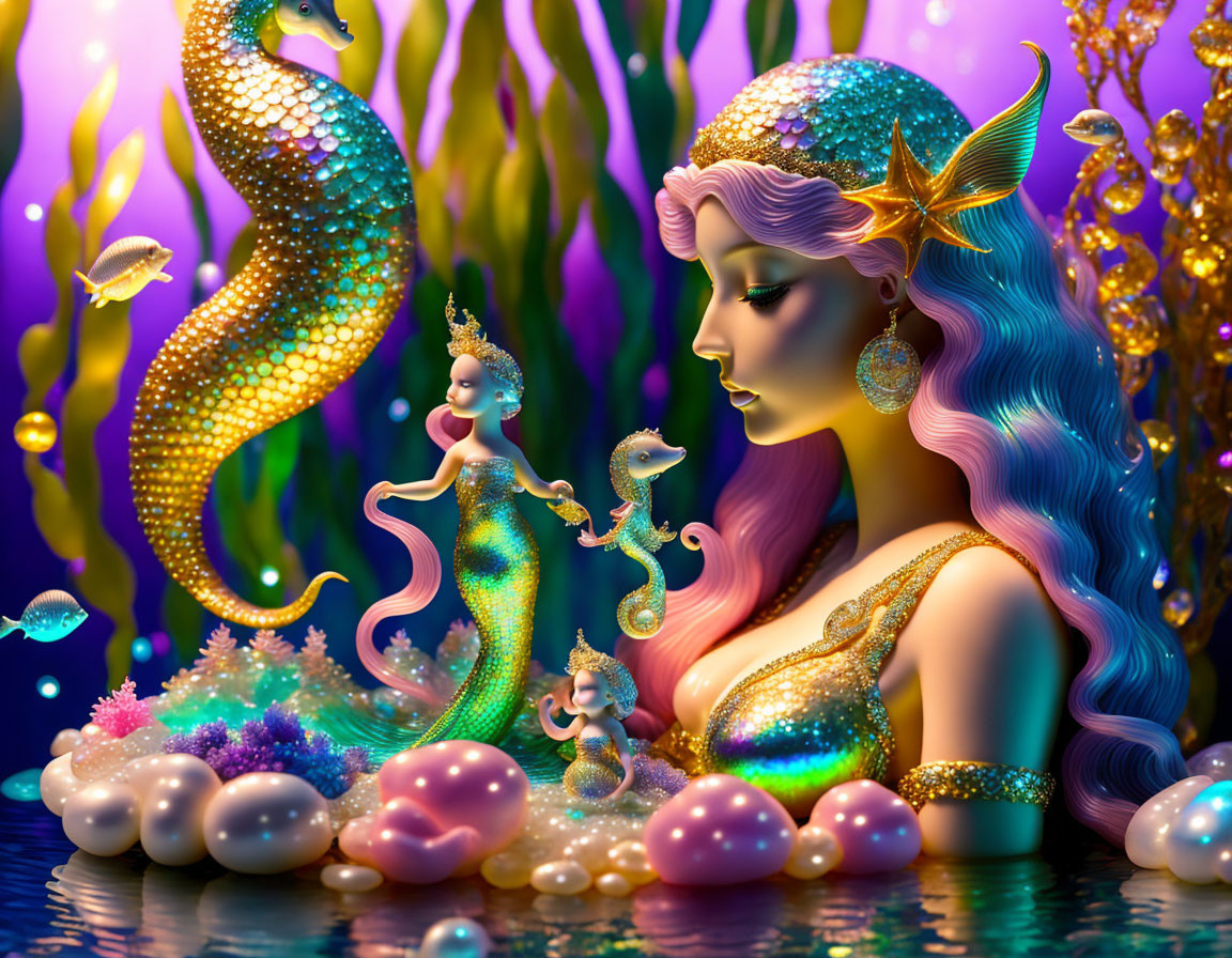 Colorful Mermaid Illustration with Marine Life and Pearls