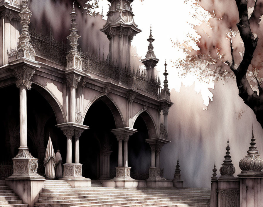 Gothic-style architectural illustration with arches, stairs, spires, cloudy skies, and blo