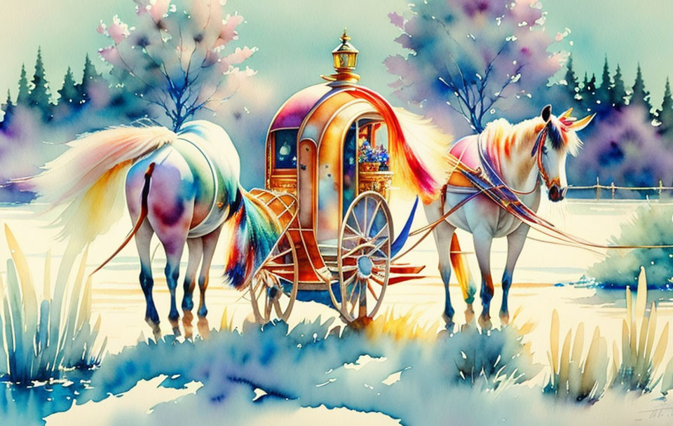 Two horses pulling ornate wooden caravan in snowy landscape.