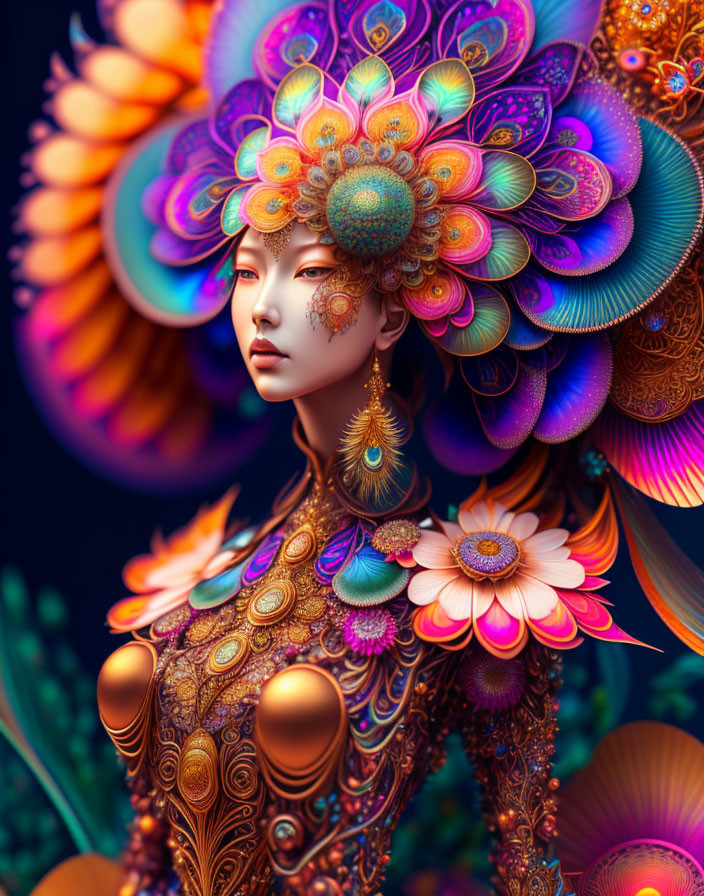 Colorful digital artwork featuring person with ornate floral and peacock feather designs