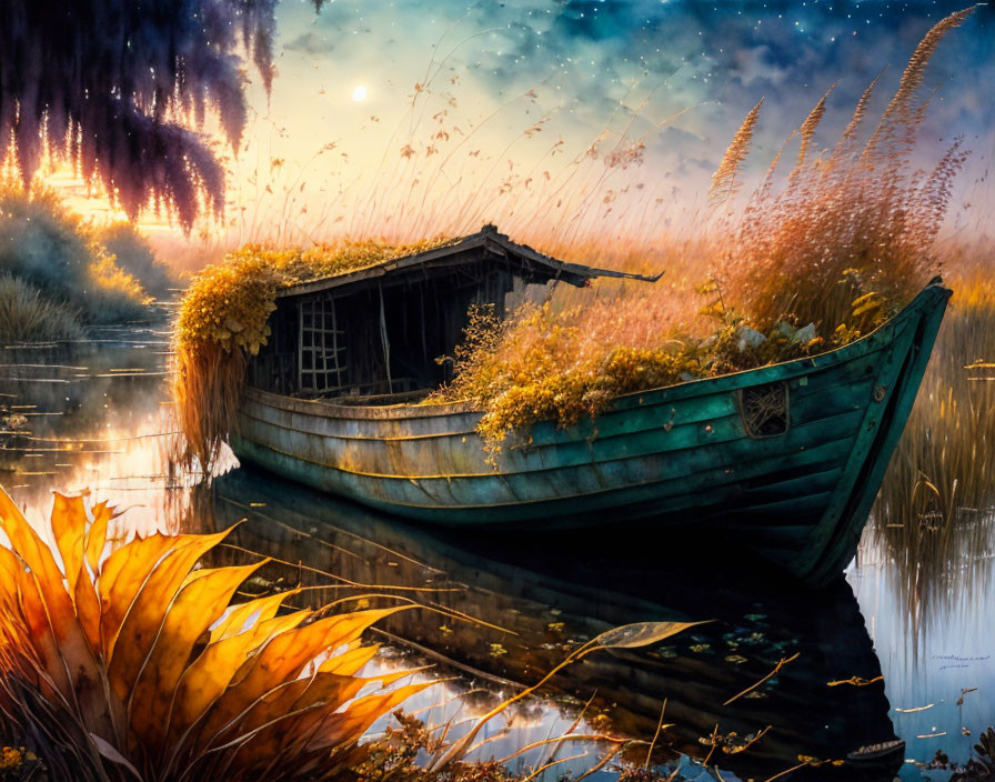 Rustic wooden boat with plants on calm water under starry night sky