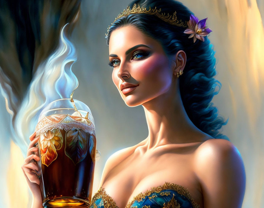 Illustration of woman with large beer mug in stylized setting