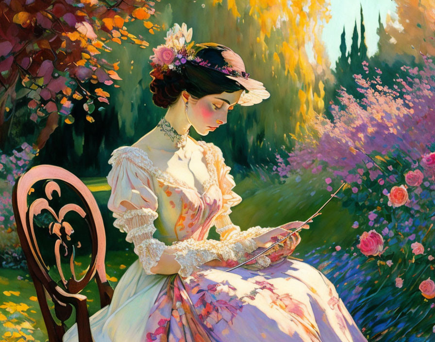 Vintage Dress Woman Reading Book in Garden Chair surrounded by Flowers