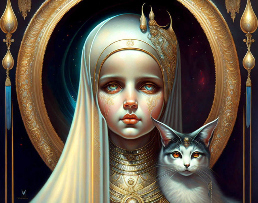Surreal portrait of child in ornate attire with cat on starry backdrop