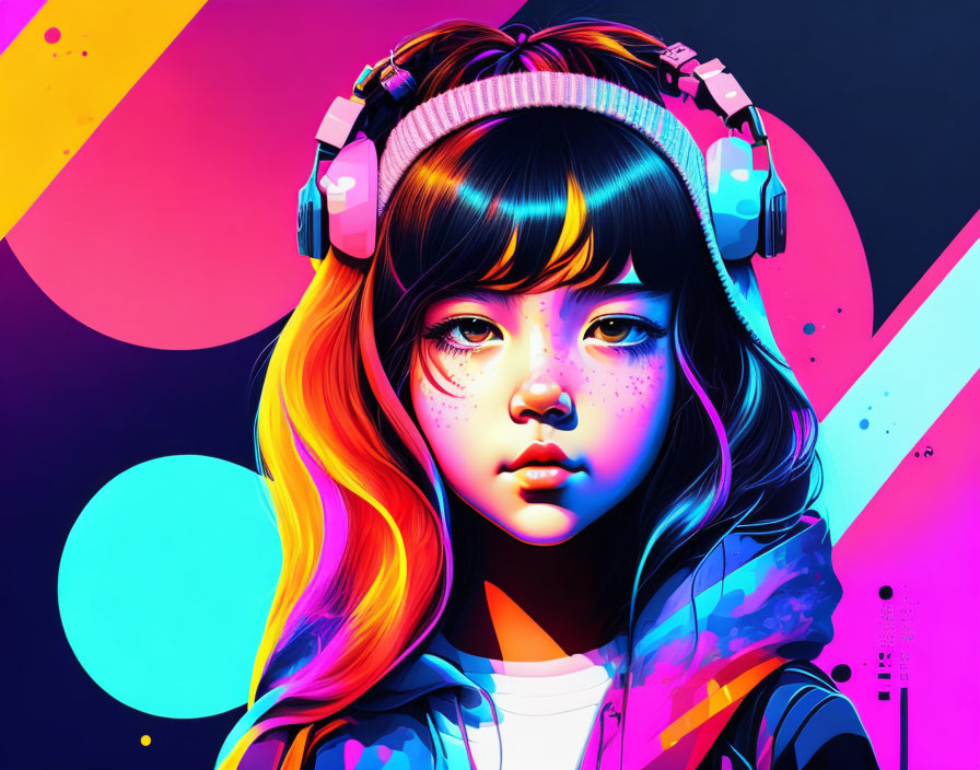 Vibrant digital artwork of girl with headphones in blue, purple, and pink