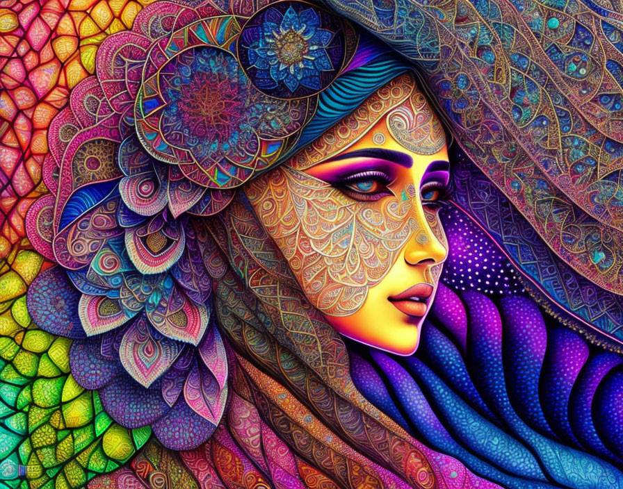 Colorful digital artwork featuring woman with intricate patterns and textures.