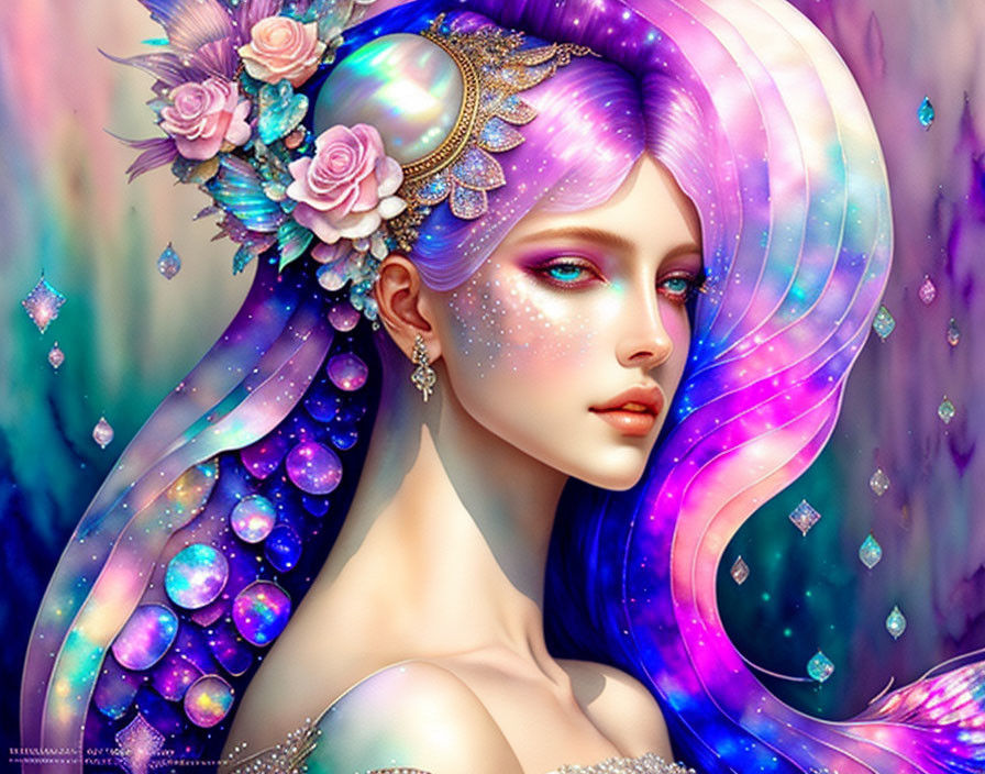 Fantasy Artwork: Woman with Purple Hair, Flowers, Jewels, and Cosmic Motif