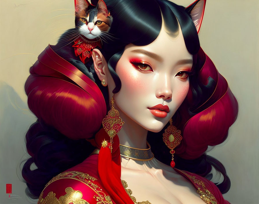 Digital artwork featuring woman with intricate hair and traditional attire alongside cat with matching features.
