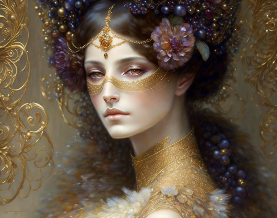 Portrait of Woman with Golden Jewelry and Floral Headpiece in Warm Tones