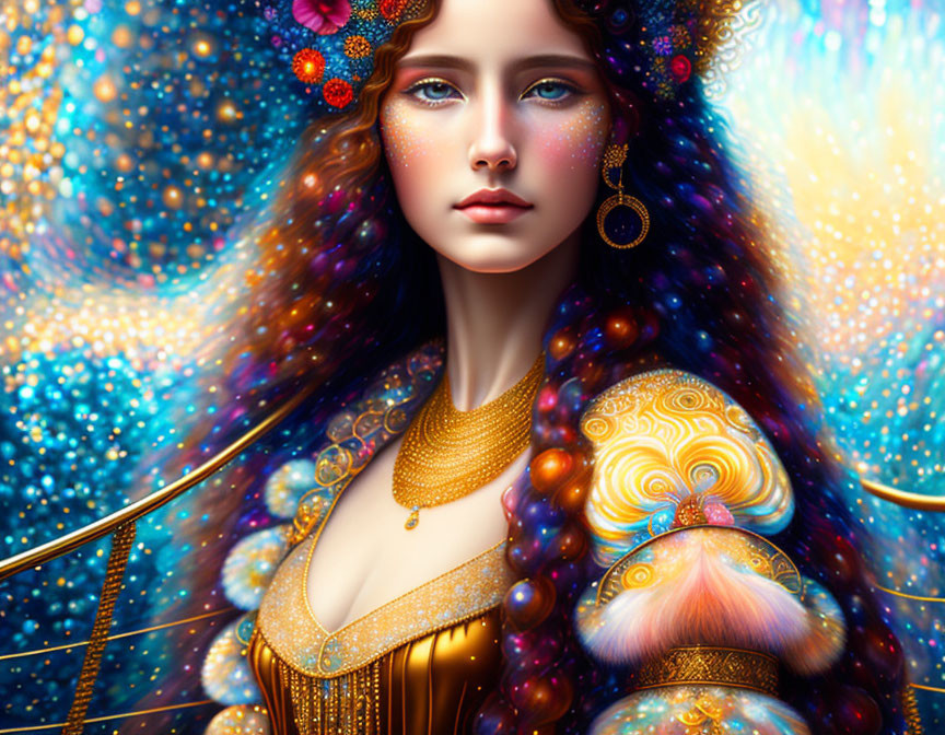 Digital artwork: Woman with cosmic hair & gold jewelry on vibrant starry background