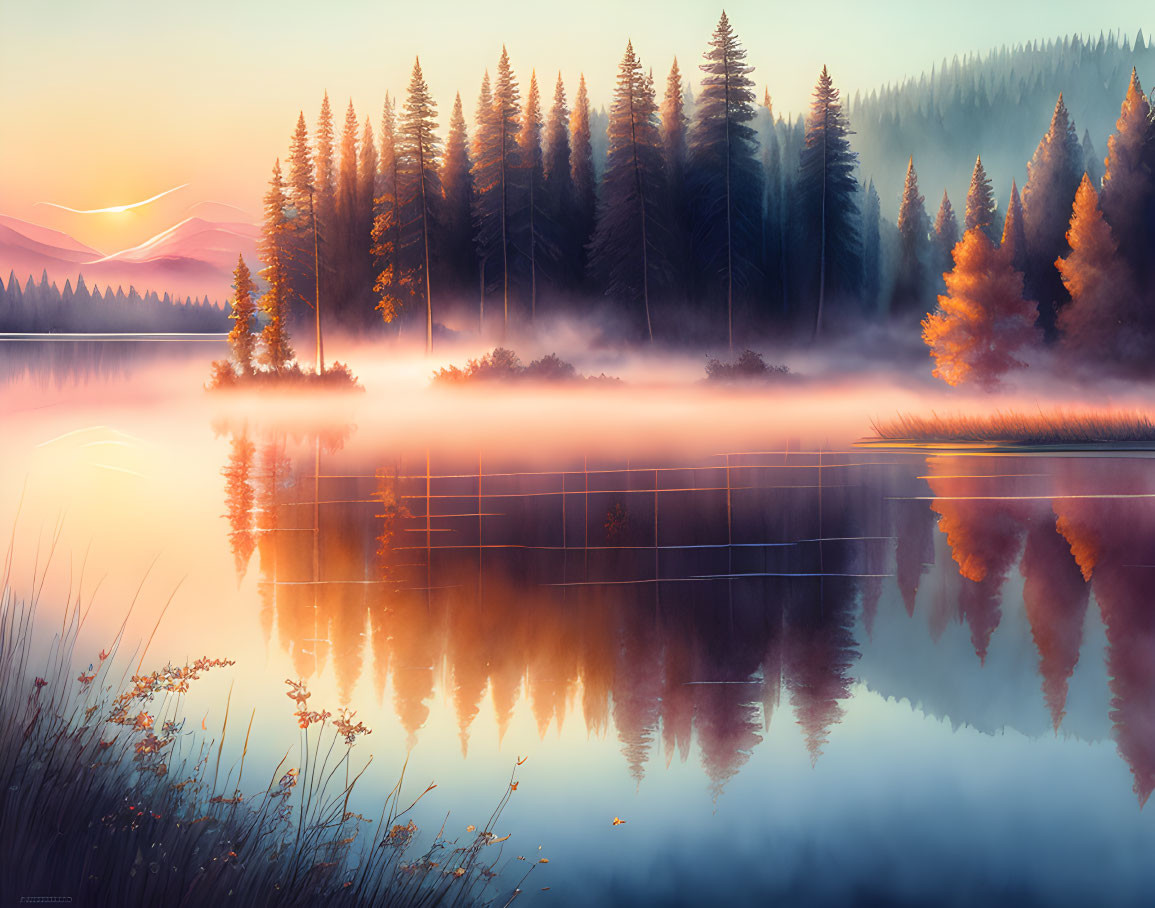 Serene Lake Reflection with Misty Autumn Trees at Sunrise