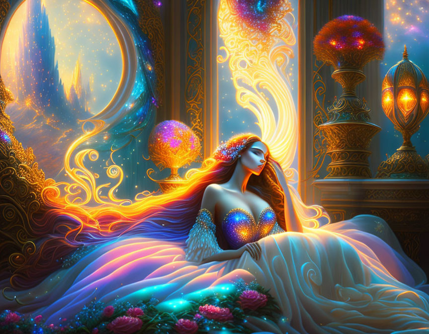 Fantasy Artwork: Woman with flowing hair and vibrant gown surrounded by glowing orbs and flowers in mystical