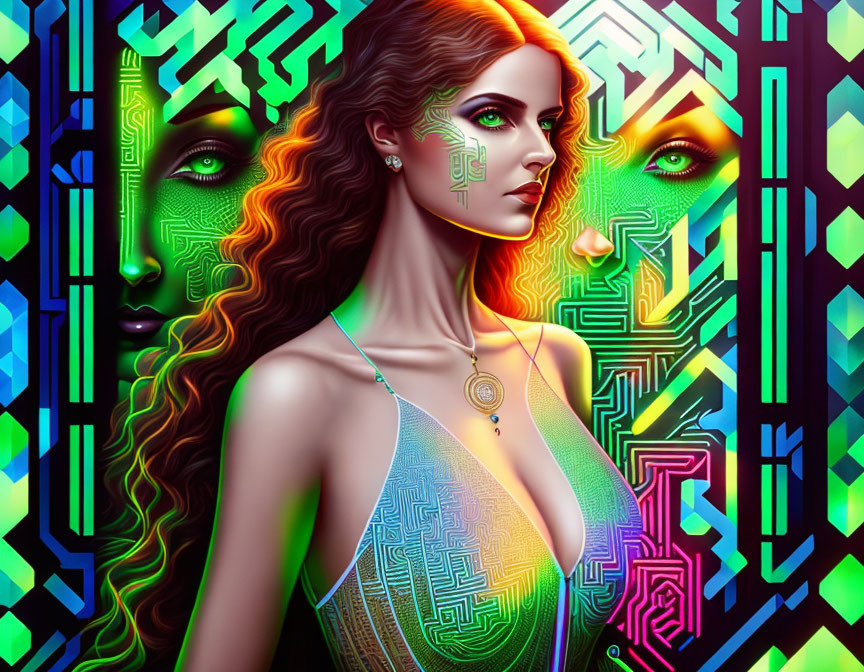 Colorful digital artwork featuring woman with circuit-patterned skin and neon colors among abstract shapes