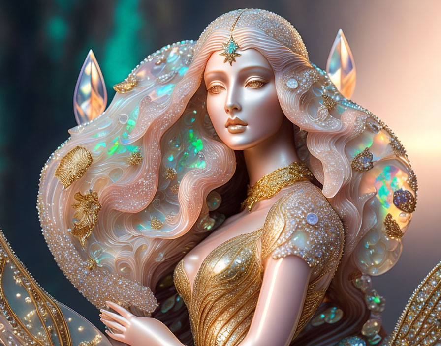 Fantasy elf adorned in golden jewelry with shimmering hair on soft-focus background