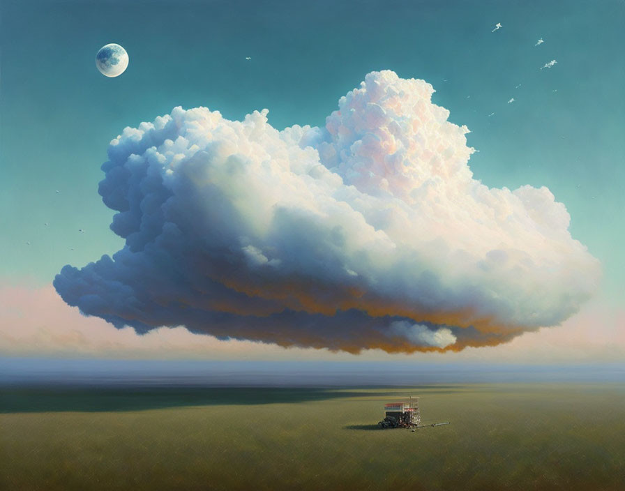 Surreal painting: Isolated house, massive cloud, birds, moon in twilight sky
