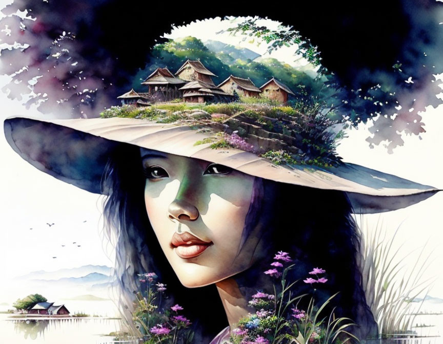 Close-up woman's face with wide-brimmed hat blending scenic landscape.