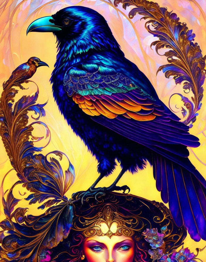 Colorful artwork of raven and woman with smaller bird on golden backdrop