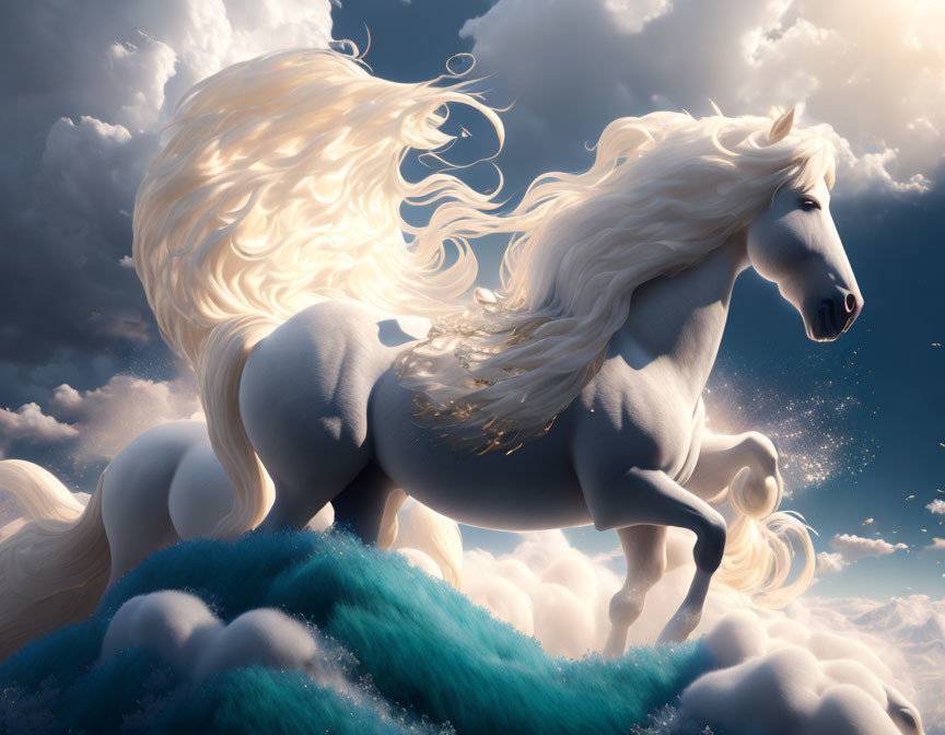 White Horse with Golden Mane Galloping on Clouds in Blue Sky