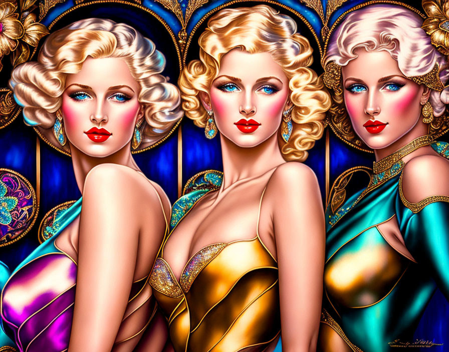 Stylized women with blonde curls and red lips in golden and turquoise attire