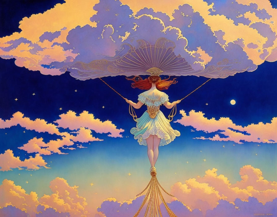 Illustration of woman with parasol floating in sky