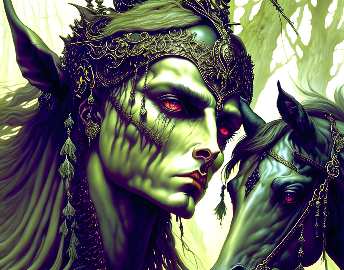 Mythical elf with green skin and red eyes beside a black horse in a forest