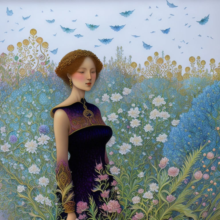 Woman in Purple Dress Surrounded by Flowers and Birds