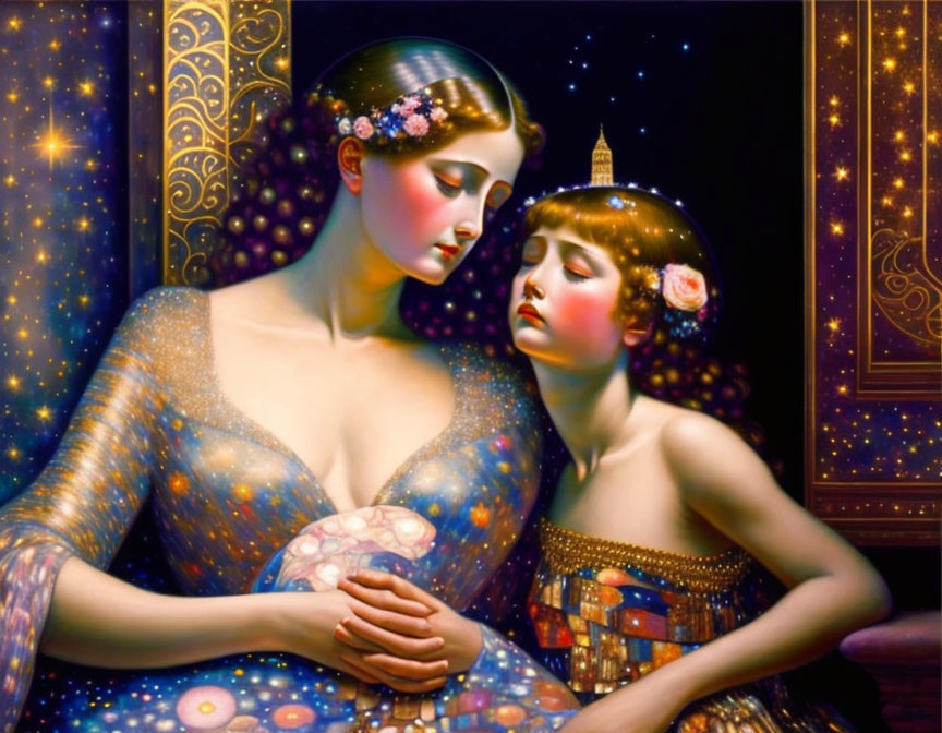 Tender embrace of woman and child with starry motifs and architectural designs on bodies