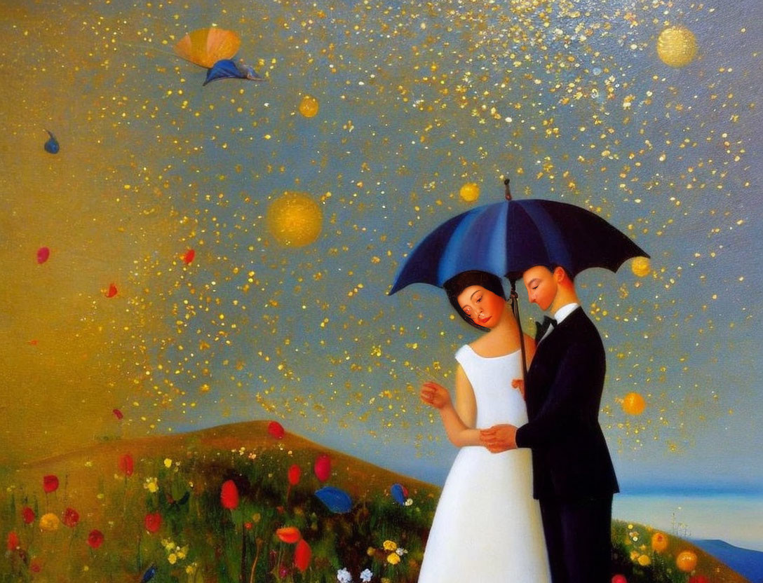 Couple under umbrella in colorful dot shower with vibrant sky and green hill