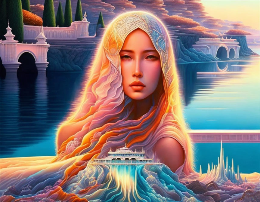 Multicolored hair woman blending into serene landscape with water and architecture