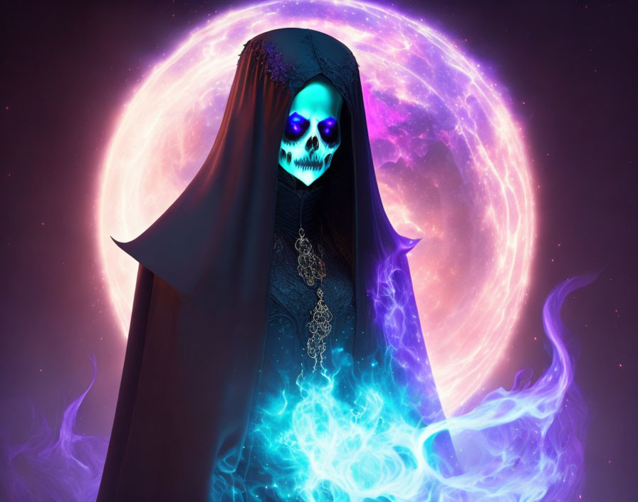 Hooded figure with glowing skull face and blue flames on cosmic purple backdrop