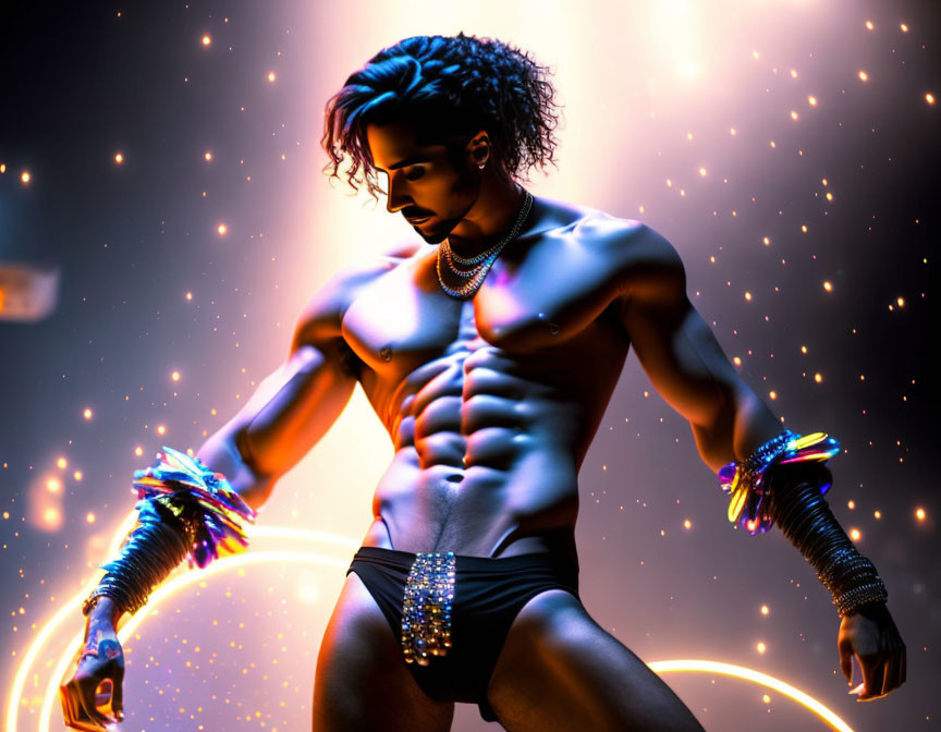 Muscular figure with glowing jewelry in dramatic lighting