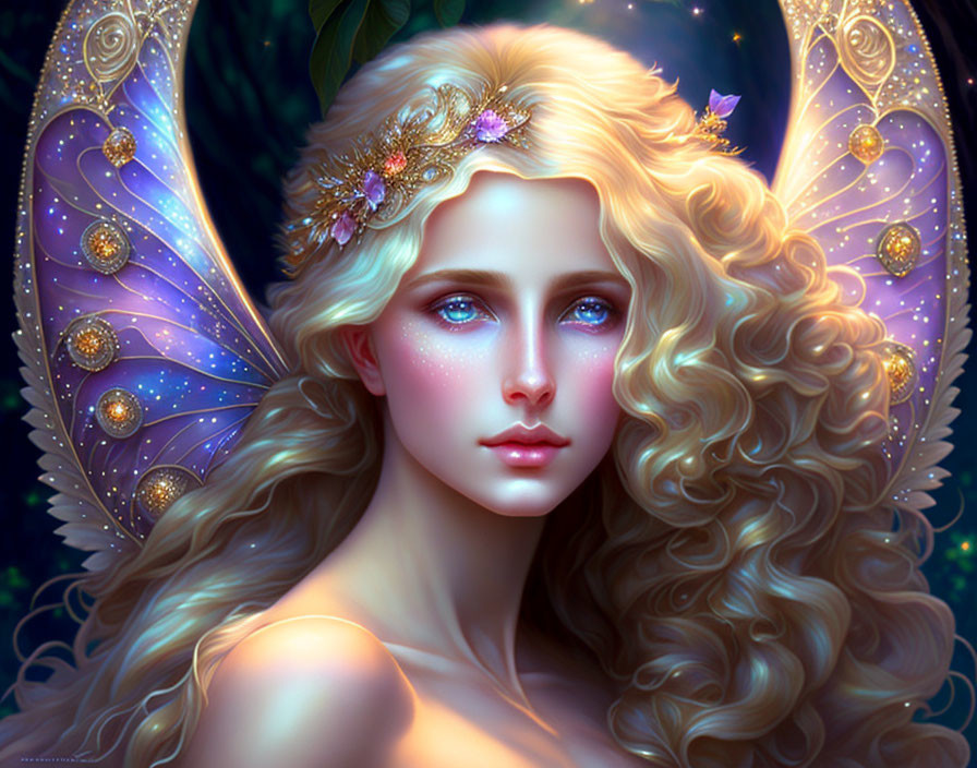Fantastical female figure with luminous butterfly wings and radiant blue eyes.
