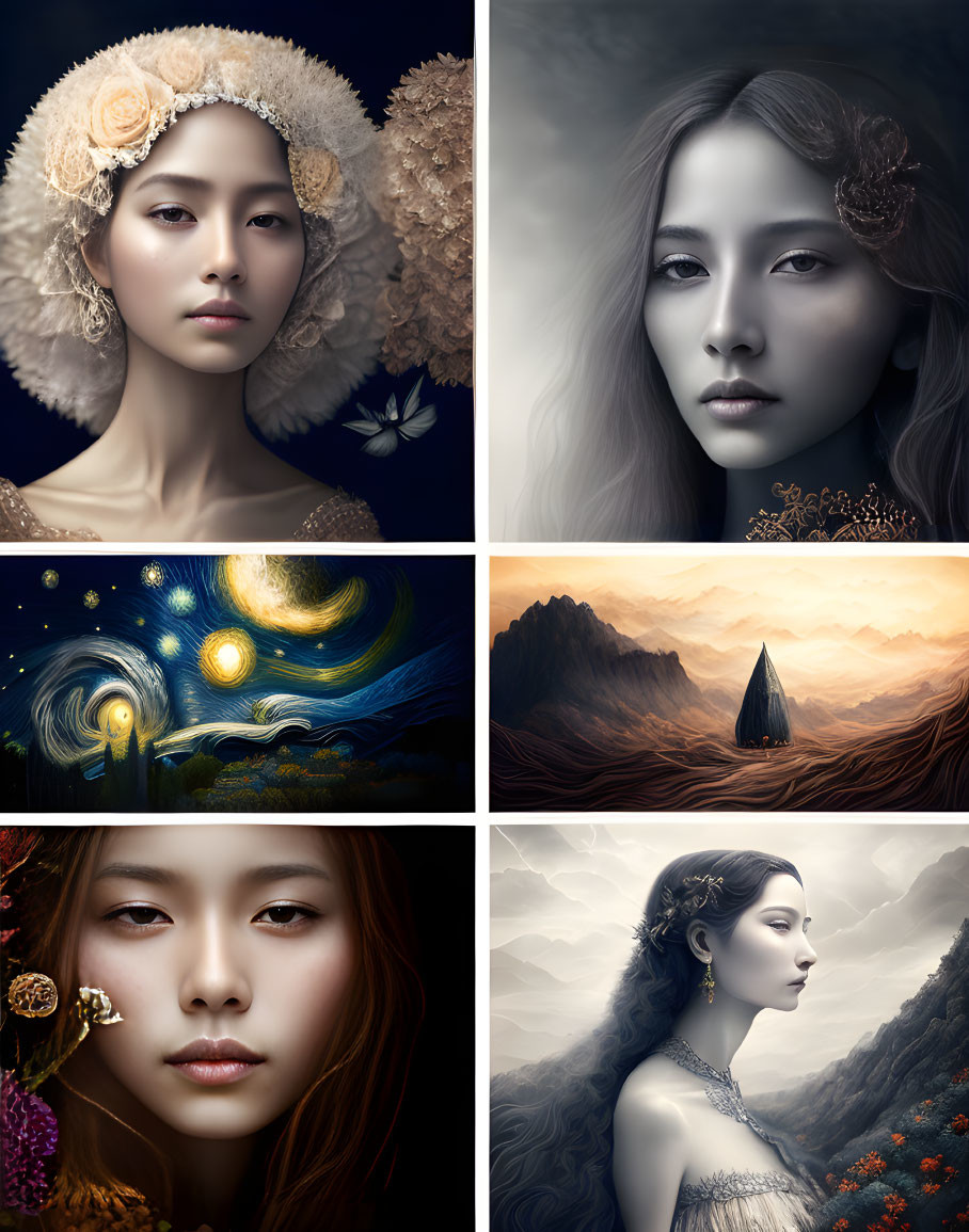 Portraits of Women and Fantasy Landscapes with Adornments and Sailboat