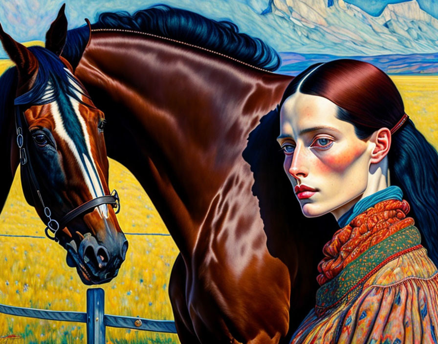 Woman with sleek hair and colorful makeup near horse in pastoral landscape.