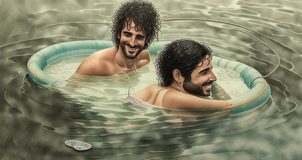 Twin men smiling in inflatable pool, exuding joy and closeness