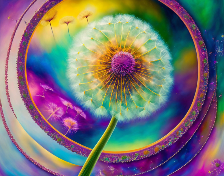 Colorful Digital Artwork: Exaggerated Dandelion with Neon Backgrounds