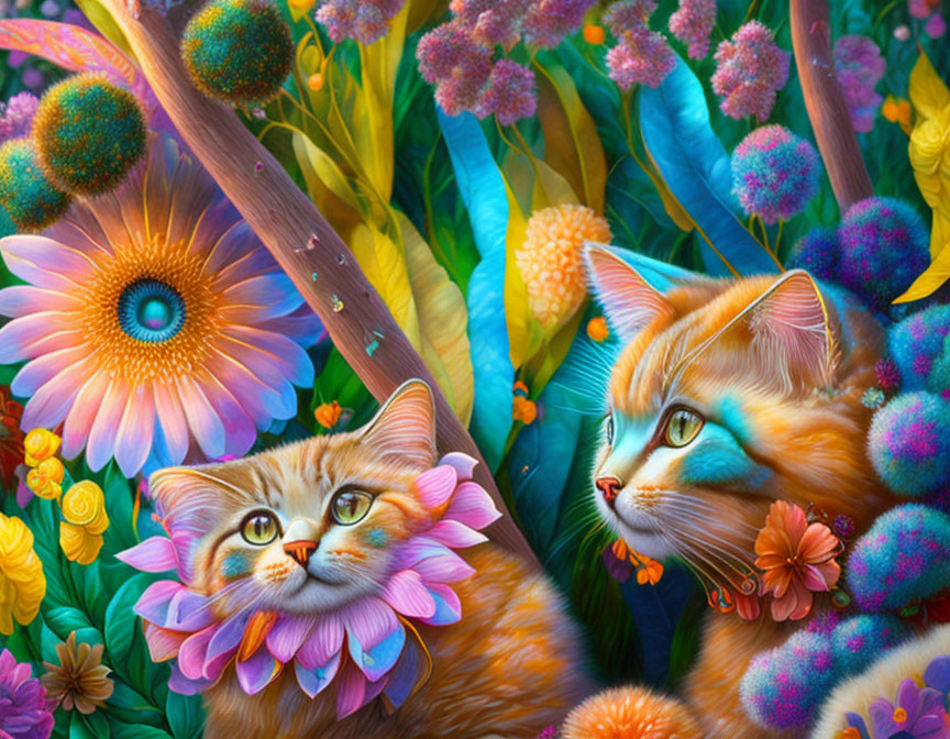 Colorful Fantasy Cats with Floral Collars in Vibrant Garden