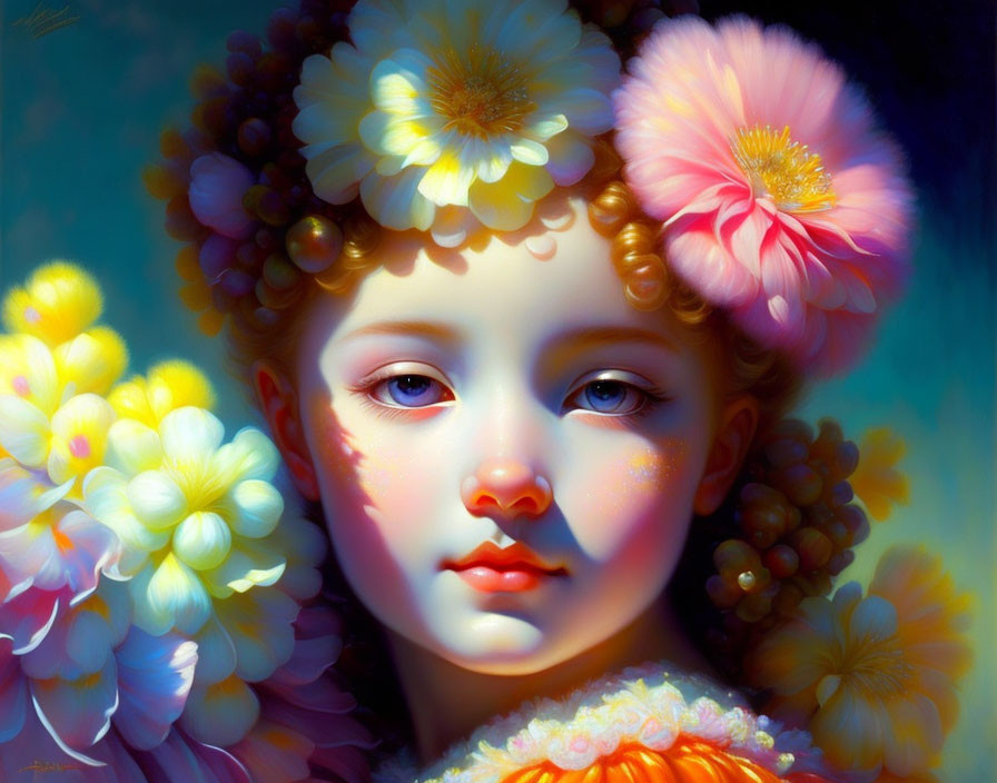 Child Surrounded by Luminous Flowers in Digital Painting