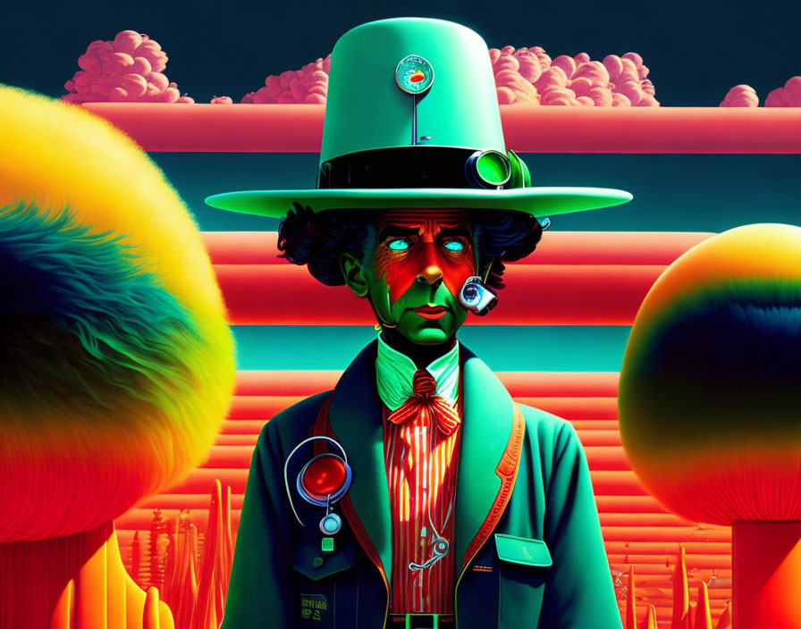 Exaggerated features in surreal art with top hat and suit against vivid landscape