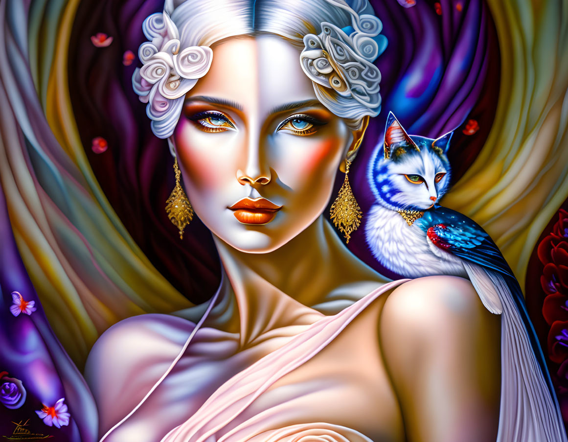 Illustration of woman with blue eyes and floral hair accessories next to cat with blue and red plumage
