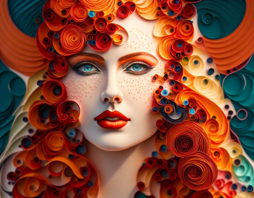 Colorful digital artwork: Woman with red and orange hair, blue eyes, serene expression