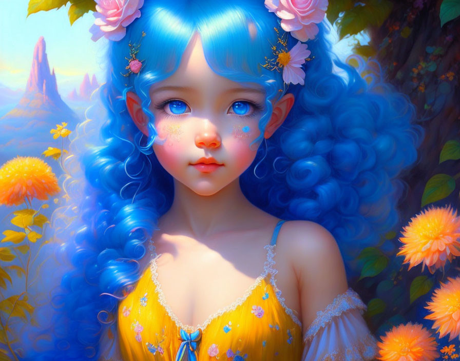 Vibrant Blue-Haired Girl with Elfin Ears in Fantasy Landscape