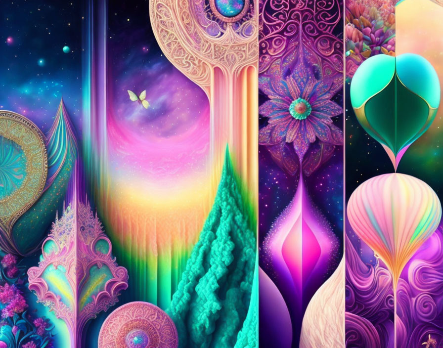 Colorful Psychedelic Fantasy Digital Collage with Patterns, Florals, Gradients, and Butterfly