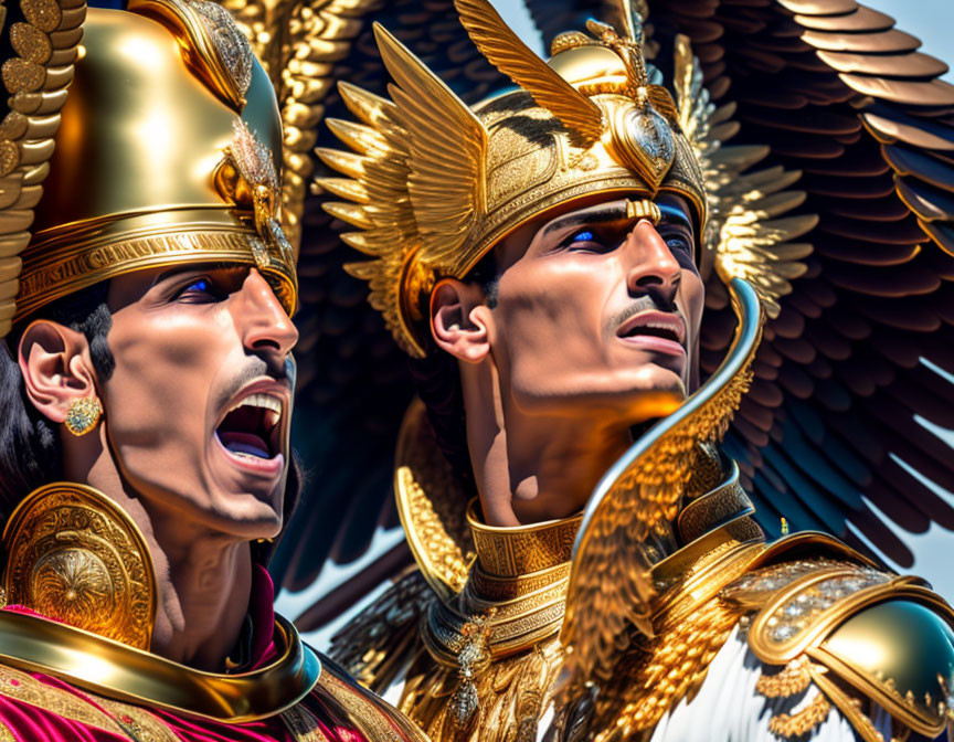 Men in Ancient Egyptian-style headdresses with golden eagle motif - Pharaonic theme.