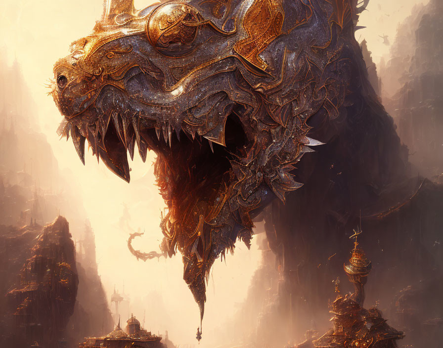 Golden Dragon Creature in Mystical Mountain Landscape with Ancient Towers